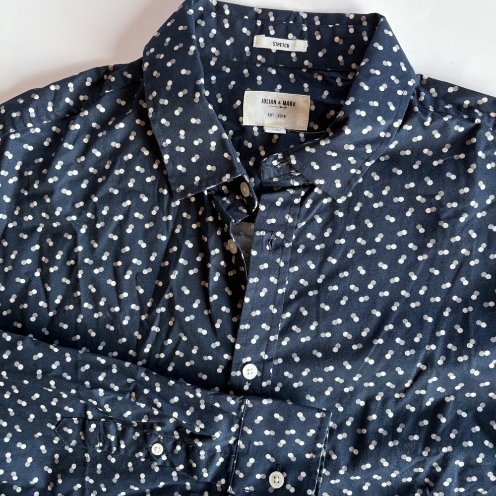 Julian & Mark Mens Large Navy Blue Polka‎ Dot Stretch Button Down Shirt